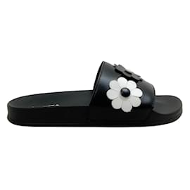 Autre Marque-Vivetta Black Leather Slide Sandals with White Flowers-Other