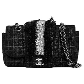 Chanel-Chanel black tweed, crystals Swarovski strass, feathers fringe small/medium limited edition 2005 Classic flap bag-Black