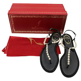 Rene Caovilla-Rene Caovilla Pearly & Crystal Thong Sandals in Black Leather-Black