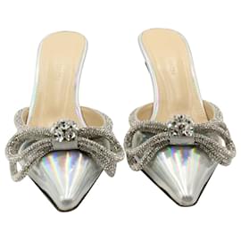 Mach & Mach-Mach & Mach Iridescent Double Crystal Bow Pointed-toe Mules in Silver Leather-Silvery,Metallic