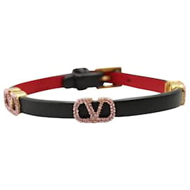 Valentino Garavani-Valentino Garavani Crystal-Embellished VLogo Buckled Bracelet in Black Calfskin Leather-Black