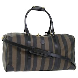 Fendi-FENDI Pecan Canvas Boston Bag Leather Brown Black Auth 50604-Brown,Black