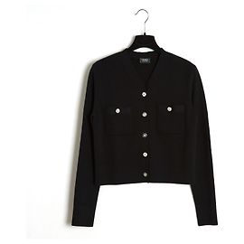 Chanel Strickjacke aus schwarzer Wolle mit silbernen Löwenkopfknöpfen FR36 Schwarz
