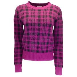 Dries van Noten Magenta / Schwarzer karierter langärmeliger Wollstrickpullover Lila