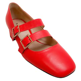 Autre Marque-Vivetta Red Leather Double Strap Mary Jane Pumps with Crystal Buckles-Red