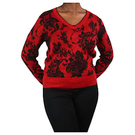 Dries Van Noten-Pull rouge col V fleuri scintillant - taille M-Rouge