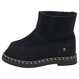 Chanel-Chanel Black Suede Chain Detail Ankle Boots-Black