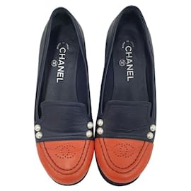Chanel-Chanel Navy Orange Leather Loafers-Multiple colors