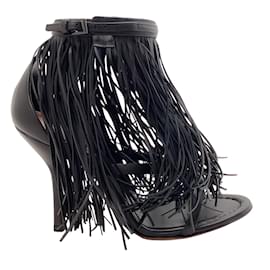 Alaïa-Alaia Black Leather Maxi Fringe Sandals with Ankle Strap-Black