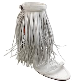 Alaïa-Alaia White Leather Maxi Fringe Sandals with Ankle Strap-White