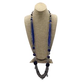 Chanel-Chanel blue / silver 2010 CC Logo Multi Chain and Thread Long Station Necklace-Blue