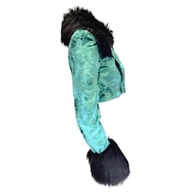 Alessandra Rich-Alessandra Rich Turquoise / Black Faux Fur Trimmed Cropped Velvet Jacket-Blue