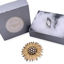 Christian Dior-Vintage Gold Metal Sunflower Crystals Flower Pin Brooch-Golden