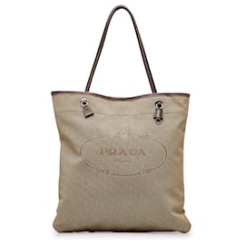 Prada-Prada Brown Canapa Logo Tote-Brown,Beige