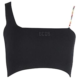 GCDS-GCDS Crystal Chain Strap Ribbed Crop Top in Black Cotton-Black