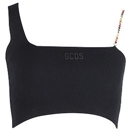 Top curto com nervuras com alça de corrente de cristal GCDS em algodão preto Preto