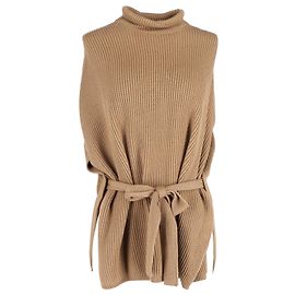 Suéter canelado sem mangas Max Mara com cinto em lã bege Bege