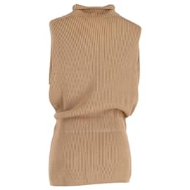 Max Mara-Suéter canelado sem mangas Max Mara com cinto em lã bege-Bege