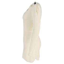 Self portrait-Self-Portrait Button-Embellished Cutout Ribbed Mini Dress in Cream Cotton-White,Cream