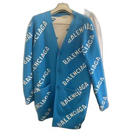 Balenciaga Cardigan mit Logo blau weiß Wolle Weiß Blau