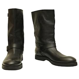 Louis Vuitton-Louis Vuitton Black Leather Damier embossed Rider Calf Boots Buckle Strap UK 8-Black