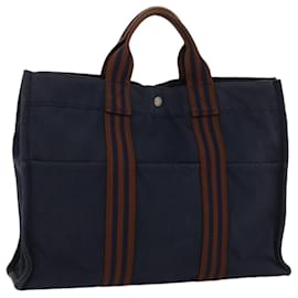 Hermès-HERMES cabas MM Tote Bag coton Marine Marron Auth 51875-Marron,Bleu Marine