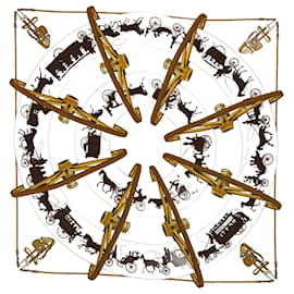 Hermès-HERMES CARRE 90 PARIS QUI ROULE Scarf Silk Beige Auth 51685-Beige