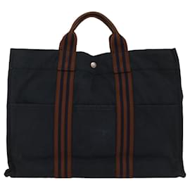 Hermès-HERMES cabas MM Tote Bag coton Marine Marron Auth 51876-Marron,Bleu Marine