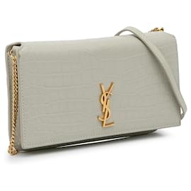 Saint Laurent-Saint Laurent Gray Croc Embossed Monogram Phone Holder-Grey