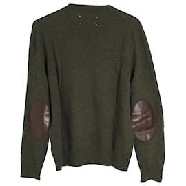 Maison Martin Margiela-Maison Margiela Crewneck Elbow Patch Sweater in Olive Green Wool-Green,Olive green