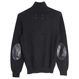 Maison Martin Margiela-Maison Margiela Leather Elbow Patch Turtleneck Sweater in Black Wool-Black