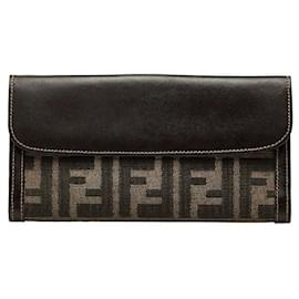 Fendi-Portefeuille à deux volets en toile et cuir Zucca 01339-Marron