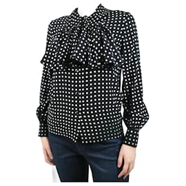 Céline-Black polka dot neck-tie silk shirt - size UK 8-Black