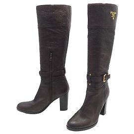 PRADA SCHUHE ABSATZ STIEFEL 39 BRAUNE LEDERSTIEFEL MIT GLIEDERSCHNALLE Braun