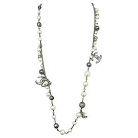Chanel-COLLIER CHANEL SAUTOIR PERLES & LOGO CC STRASS 79-88 METAL STEEL NECKLACE-Argenté