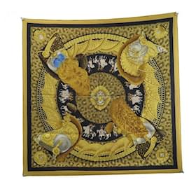 Hermès-HERMES SCARF HELMETS AND FEATHERS ABADIE CARRE 90 CM SILK SCARF-Yellow