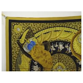 Hermès-HERMES SCARF HELMETS AND FEATHERS ABADIE CARRE 90 CM SILK SCARF-Yellow