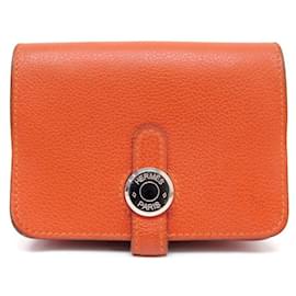 Hermès-PORTE CARTES HERMES DOGON MONNAIE CUIR GRAINE ORANGE LEATHER CARD HOLDER WALLET-Orange