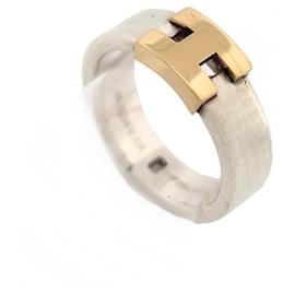 Hermès-HERMES HERAKLES T RING50 money 925 and gold 18K SILVER AND GOLD BAND RING-Silvery