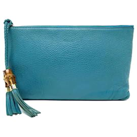 Gucci-GUCCI BAMBOO POMPOM POUCH HANDBAG 449652 TURQUOISE POUCH LEATHER KIT-Turquoise