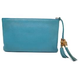 Gucci-SAC A MAIN GUCCI POCHETTE POMPOM BAMBOU 449652 TROUSSE CUIR TURQUOISE POUCH-Turquoise
