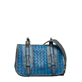 Bottega Veneta-Intrecciato Leather Flap Crossbody Bag-Blue
