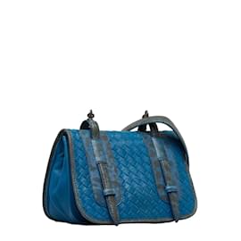 Bottega Veneta-Intrecciato Leather Flap Crossbody Bag-Blue