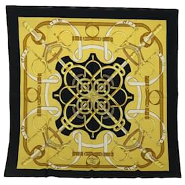 Hermès-HERMES CARRE 90 Eperon d'or Scarf Silk Black Yellow Auth 51345-Black,Yellow