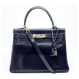 Hermès-Hermes Kelly Returned Leather Box Bag Blue 28 cm returned-Navy blue