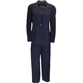 Chanel-Chanel vintage 1999 Navy Blue Three-Piece Silk Lined Wool Pant Suit Set-Blue