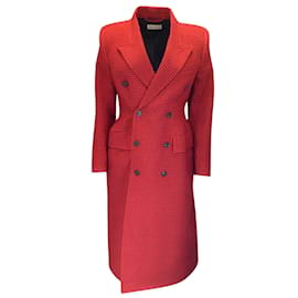 Balenciaga-Balenciaga Red 2019 Double Breasted Houndstooth Hourglass Wool Coat-Red