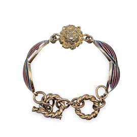 Gucci-Gold Metal Red Green Enamel Lion Head Toggle Chain Bracelet-Golden
