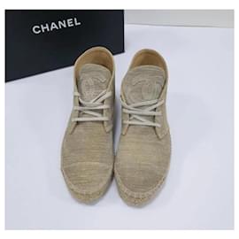 Chanel-Chanel CC Alpercatas de linho e lona-Bege