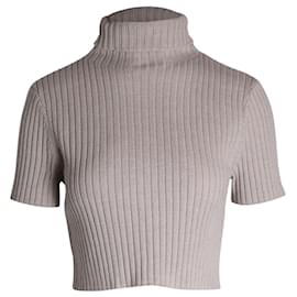 Staud-Staud Short-Sleeved Turtleneck Knitted Cropped Top in Beige Merino Wool-Beige
